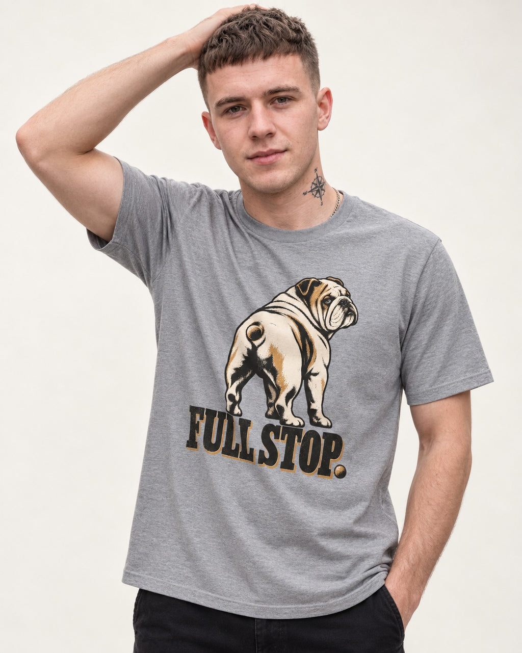English Bulldog Full Stop T-Shirt in Sport Grey, worn by a model