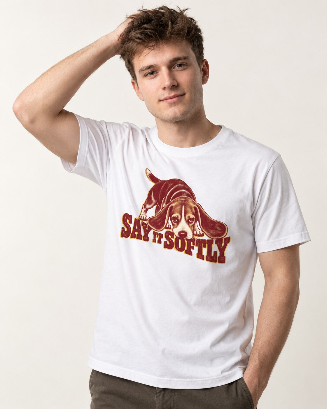 Beagle Say It Softly T-Shirt in White, worn by a model