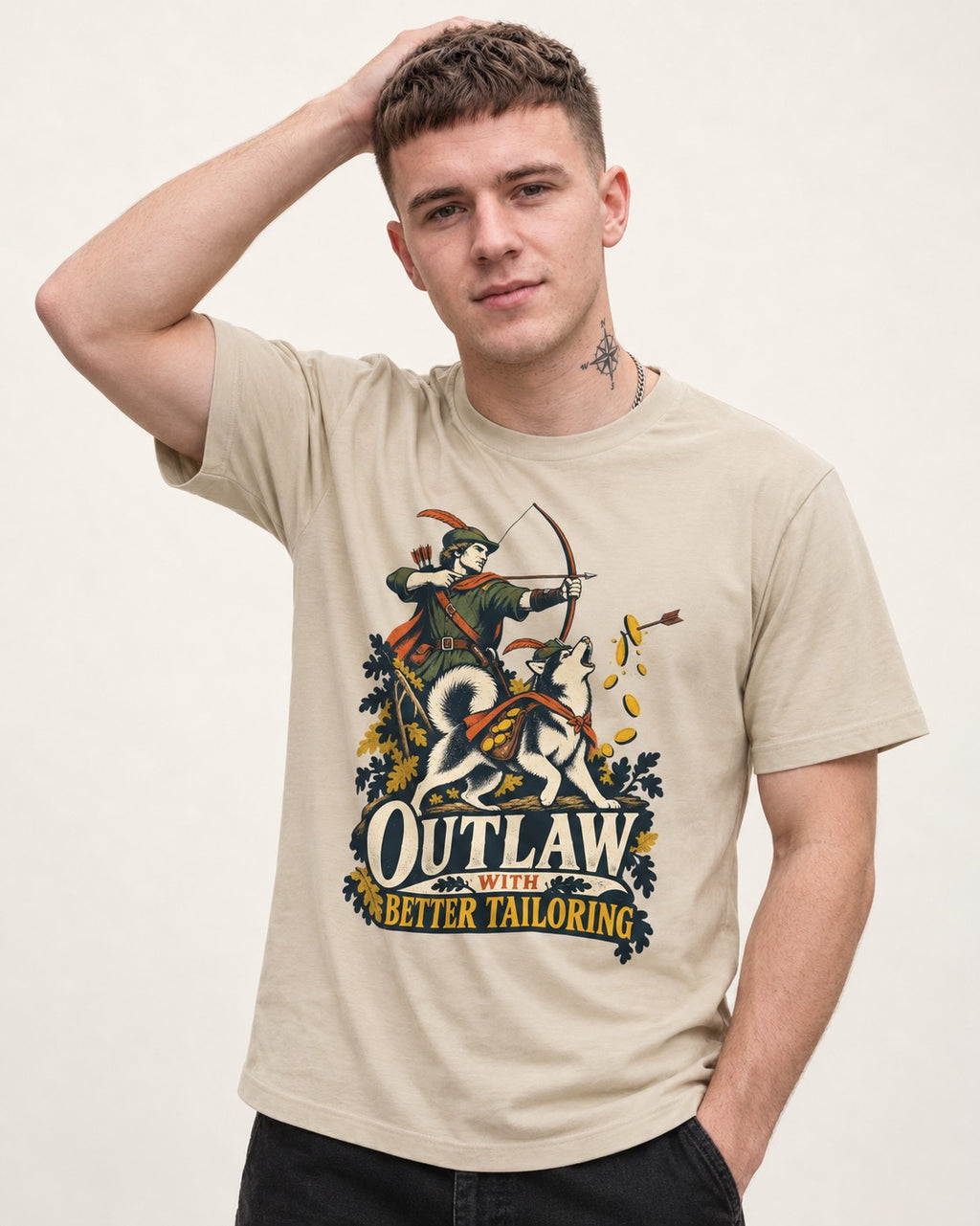 Husky Outlaw with Better Tailoring T-Shirt in Sand, worn by a model