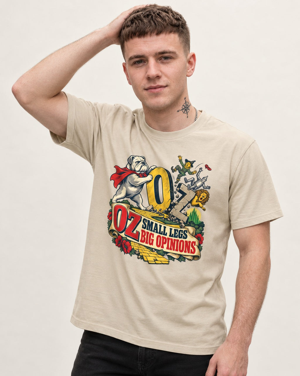 English Bulldog Small Legs Big Opinions T-Shirt in Sand, worn by a model