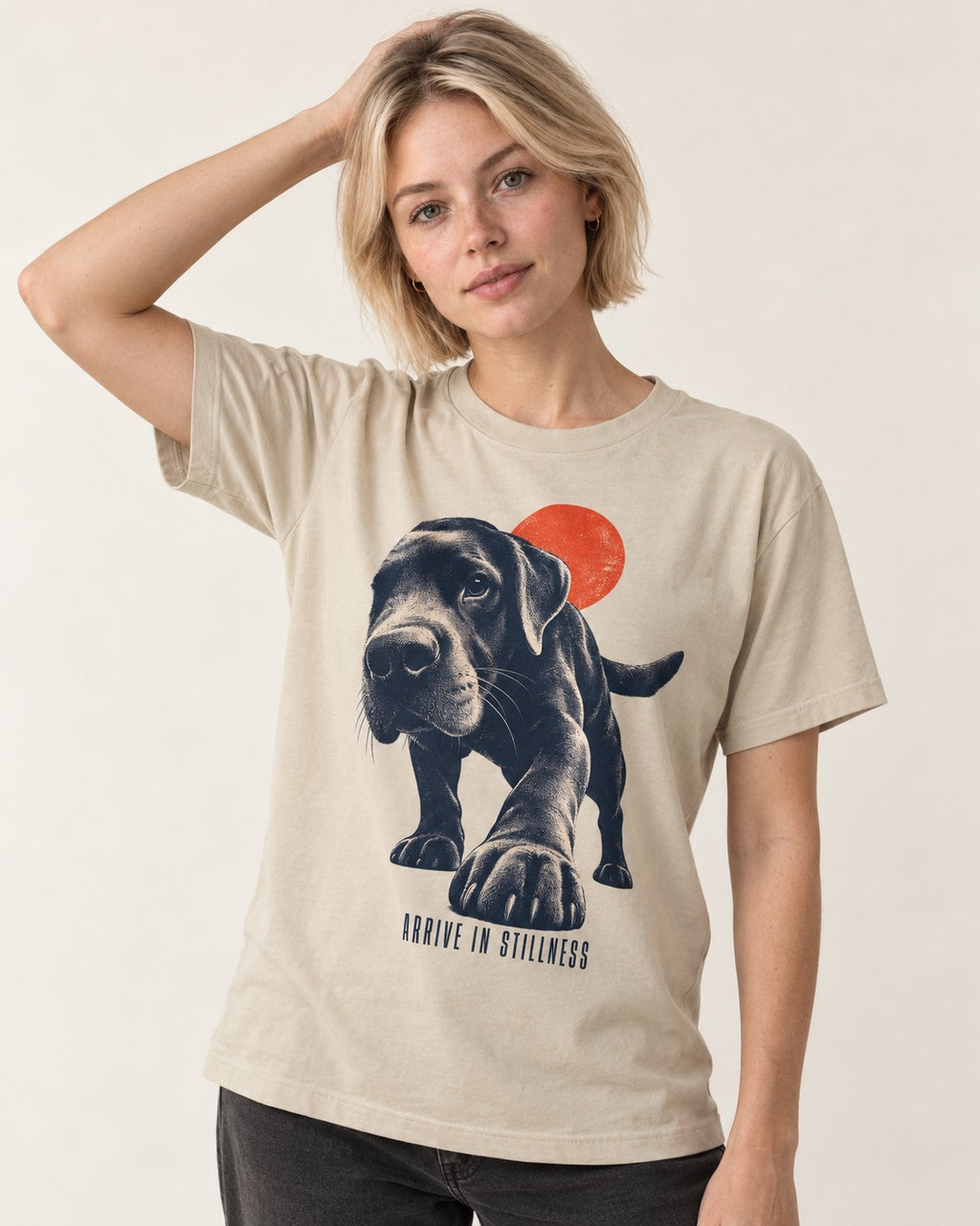 Labrador Retriever Arrive in Stillness T-Shirt in Sand, worn by a model