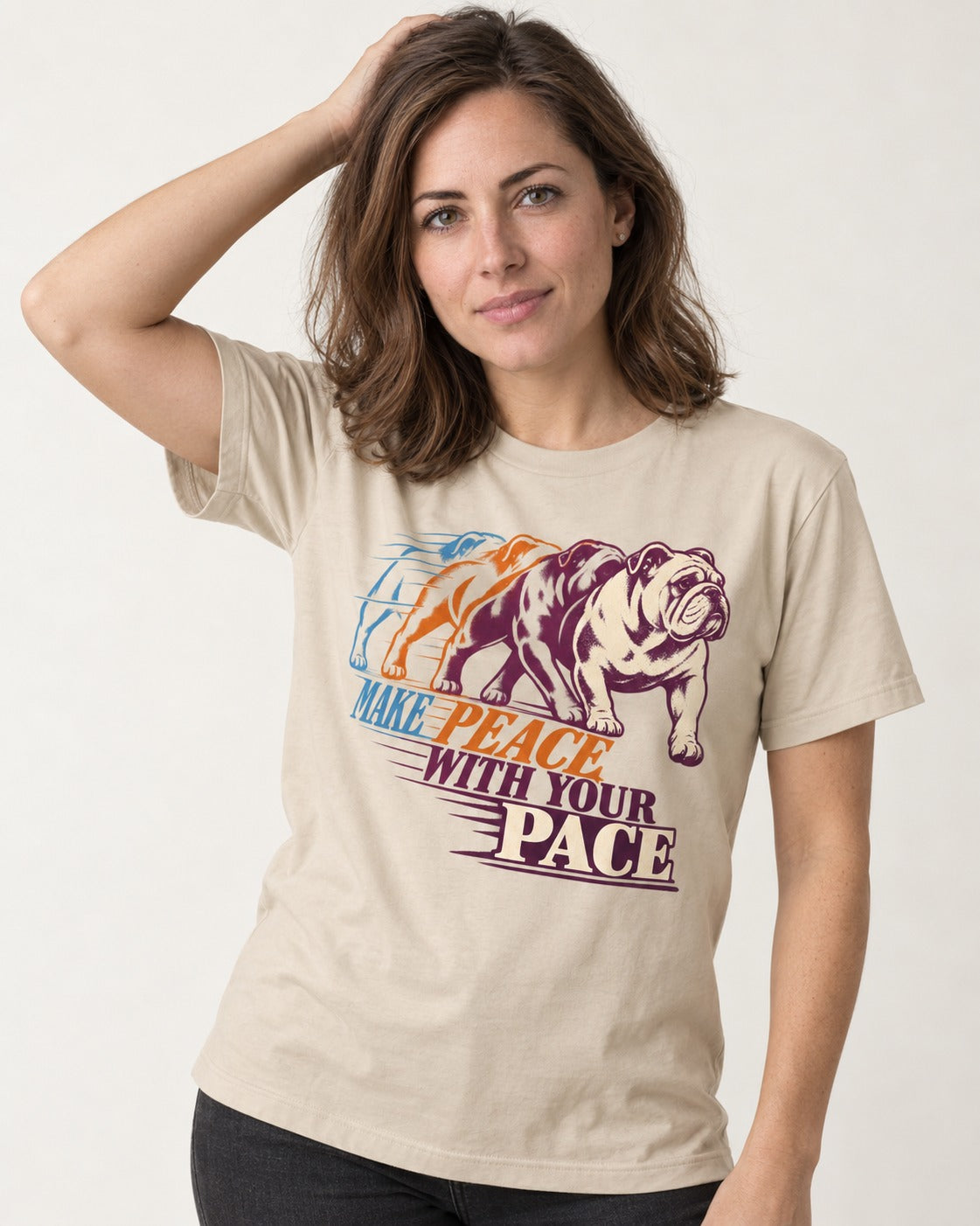 English Bulldog Peace with Your Pace T-Shirt in Sand, worn by a model