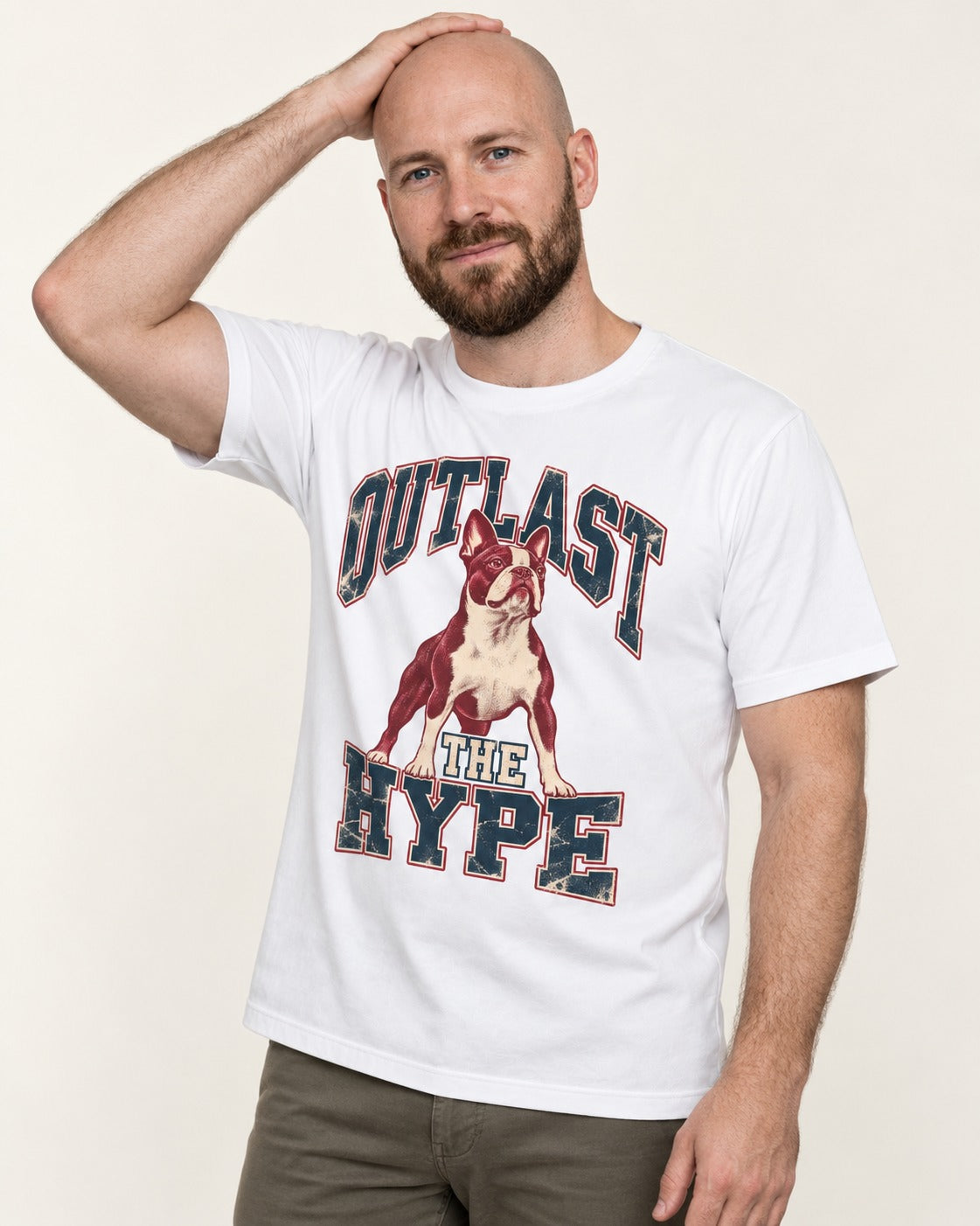 Boston Terrier Outlast The Hype Collegiate Graphic T-Shirt in White, worn by a model