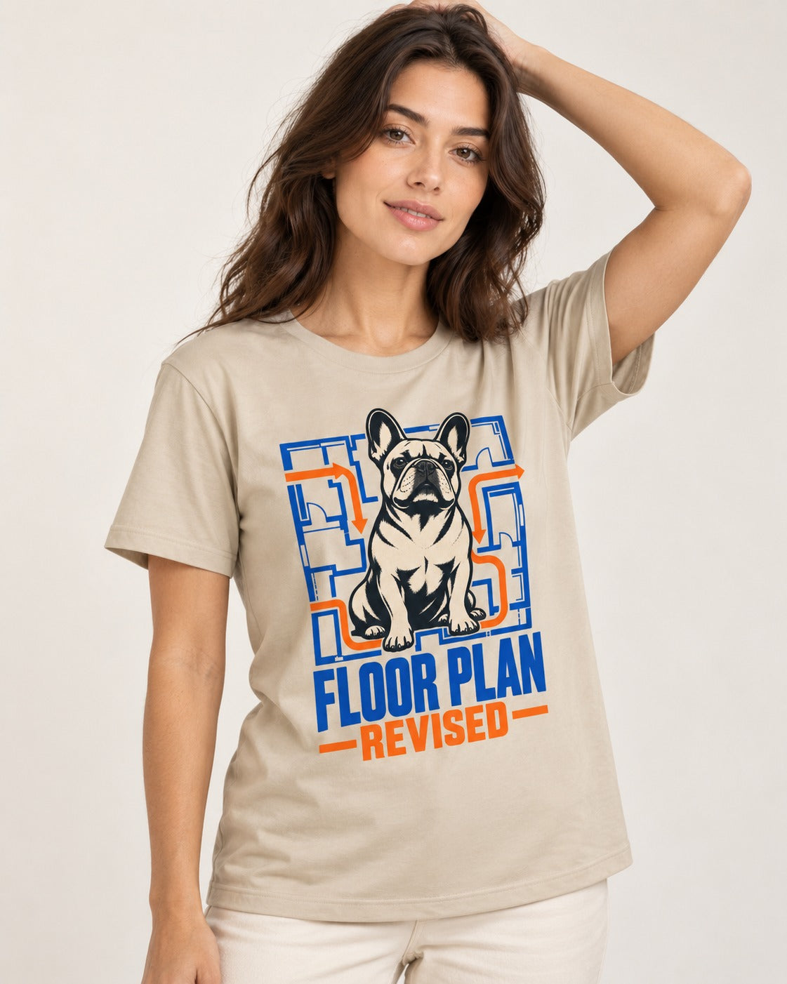 Frenchie Floor Plan Revised T-Shirt in Sand, worn by a model