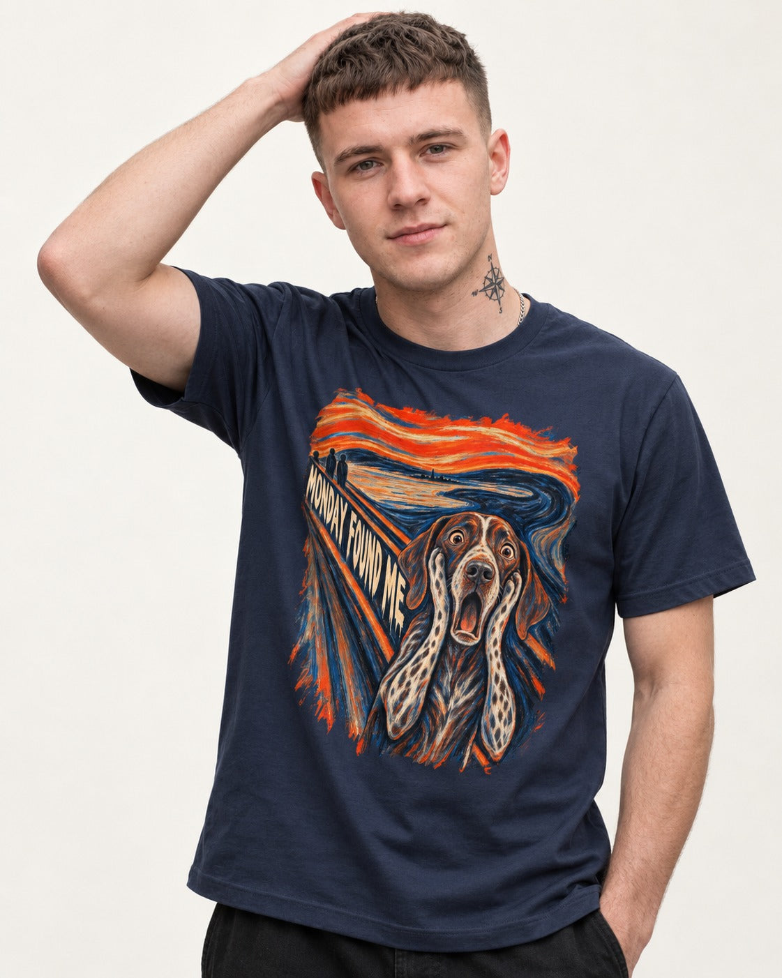 German Shorthaired Pointer Monday Found Me Scream Parody Graphic T-Shirt in Navy, worn by a model