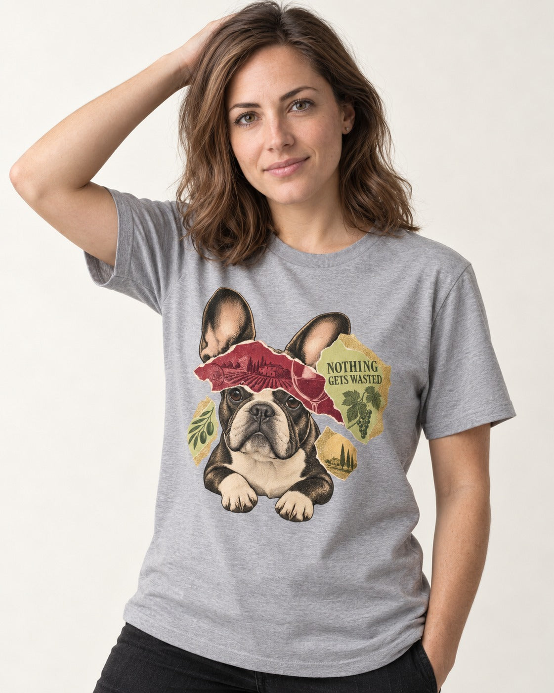 Nothing Gets Wasted with Frenchie T-Shirt in Sport Grey, worn by a model
