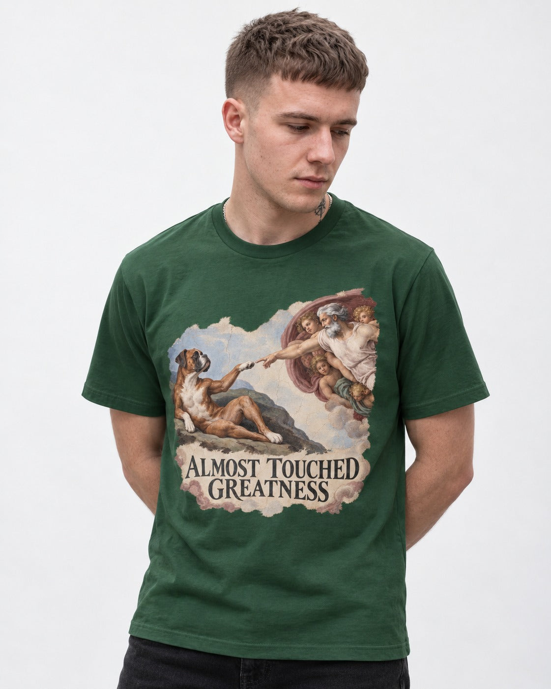 Almost Touched Greatness Boxer Creation Fresco Graphic T-Shirt in Forest Green, worn by a model