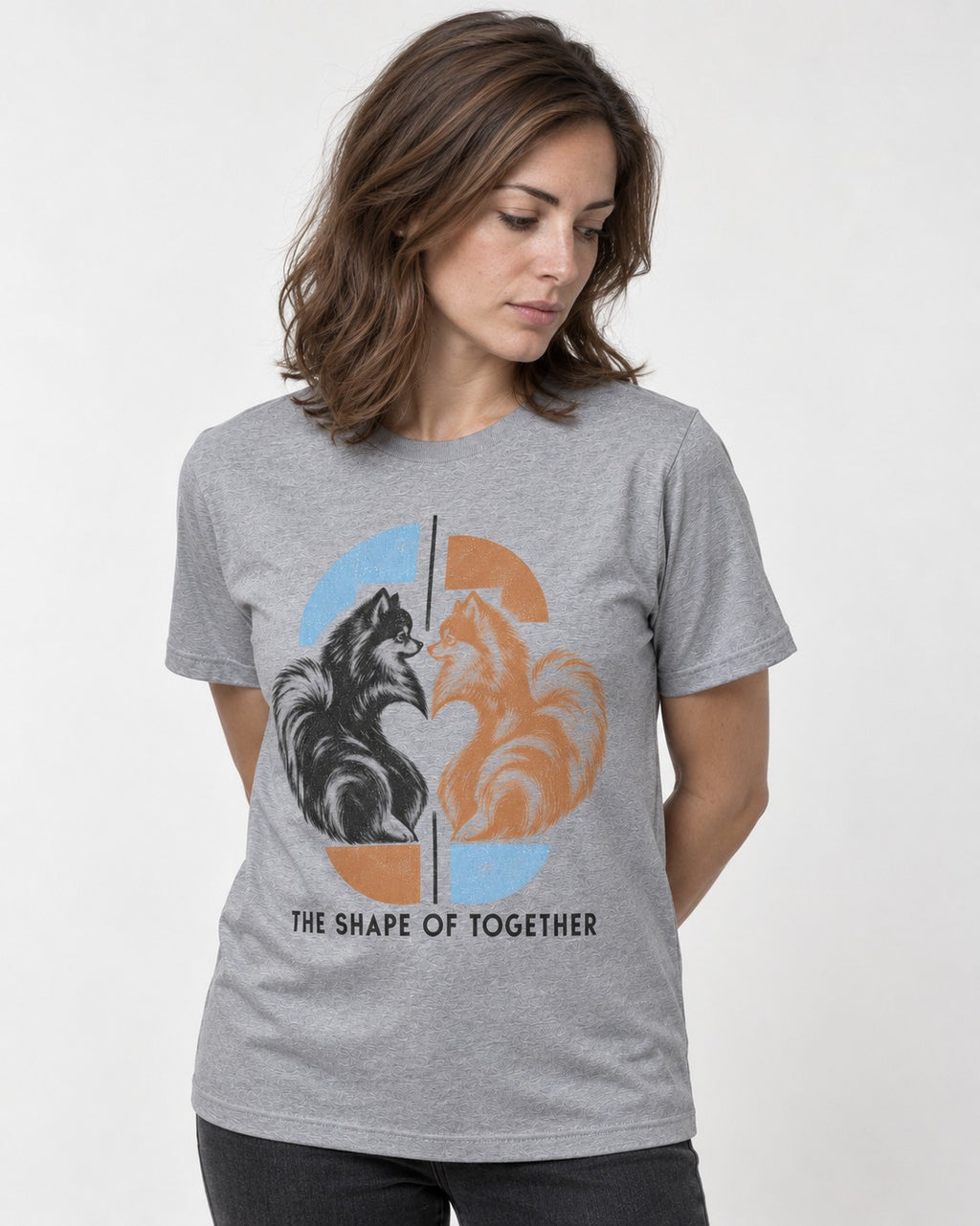 Pomeranian The Shape of Together T-Shirt in Sport Grey, worn by a model