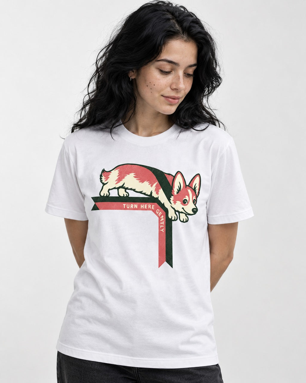 Corgi Turn Here Gently T-Shirt in White, worn by a model