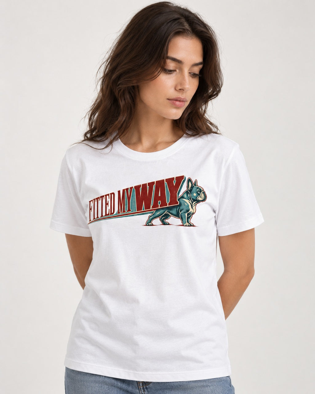 Frenchie Fitted My Way Collegiate Graphic T-Shirt in White, worn by a model