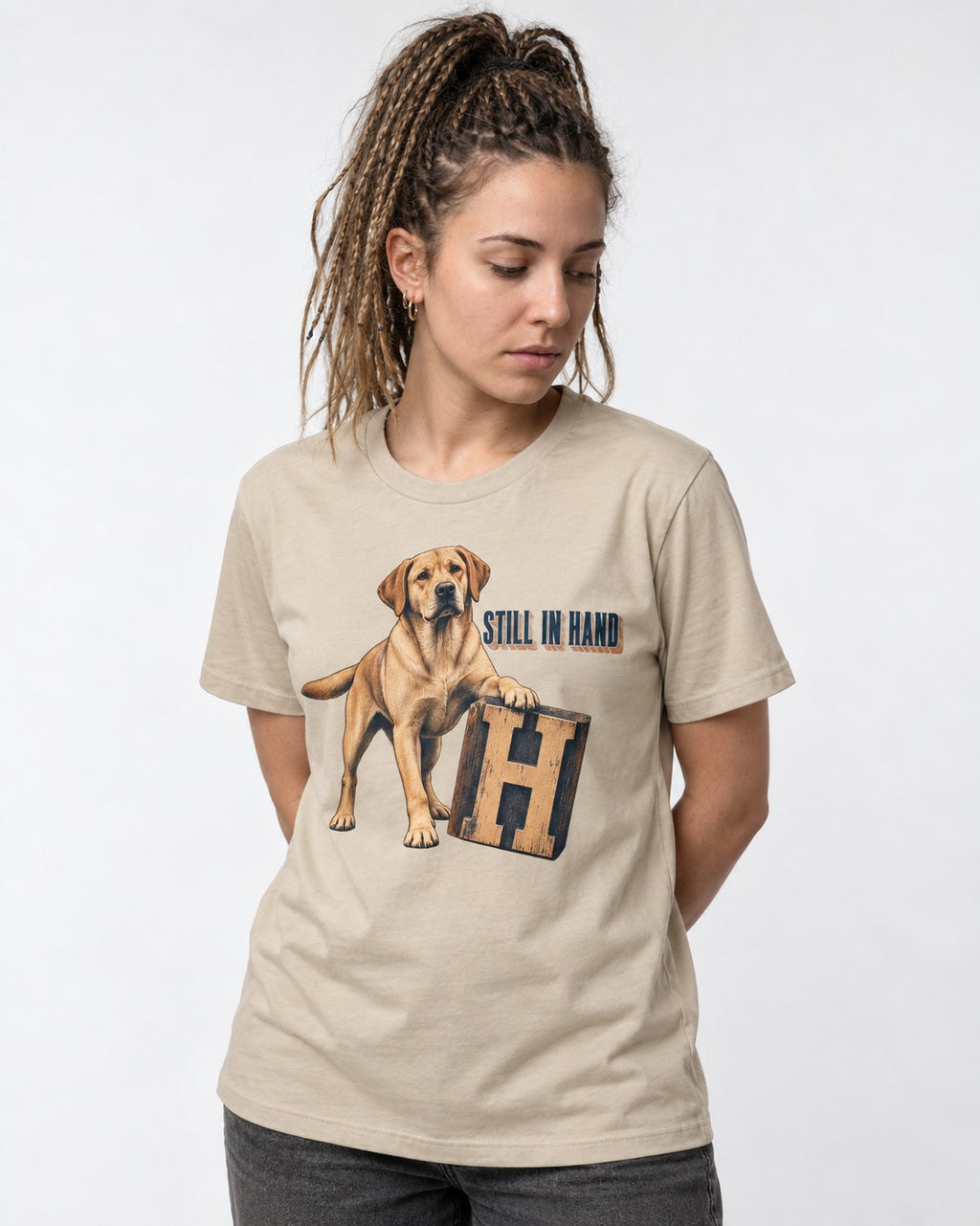 Labrador Retriever Still in Hand T-Shirt in Sand, worn by a model