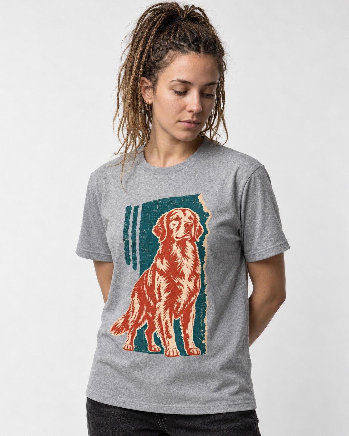 Golden Retriever Steadfast Heart T-Shirt in Sport Grey, worn by a model