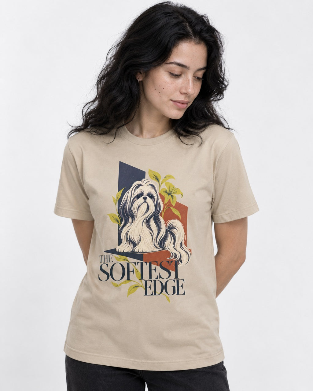 Shih Tzu The Softest Edge T-Shirt in Sand, worn by a model