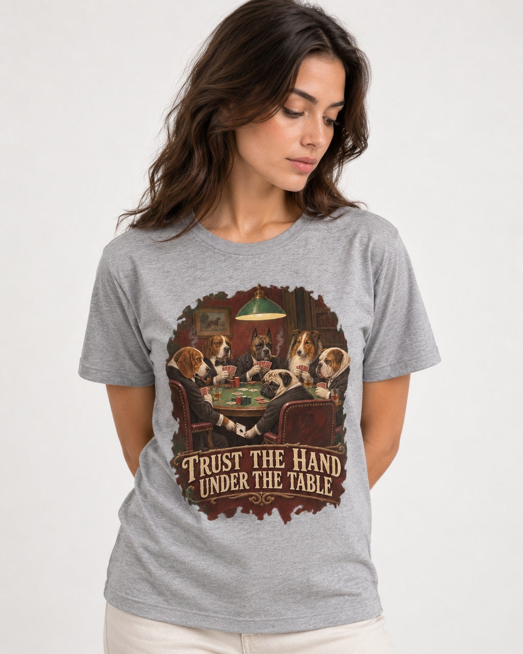 Pug Trust the Hand Under the Table Poker Graphic T-Shirt in Sport Grey, worn by a model
