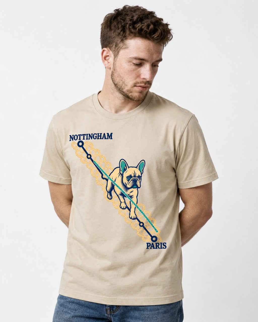 Nottingham to Paris Frenchie T-Shirt in Sand, worn by a model