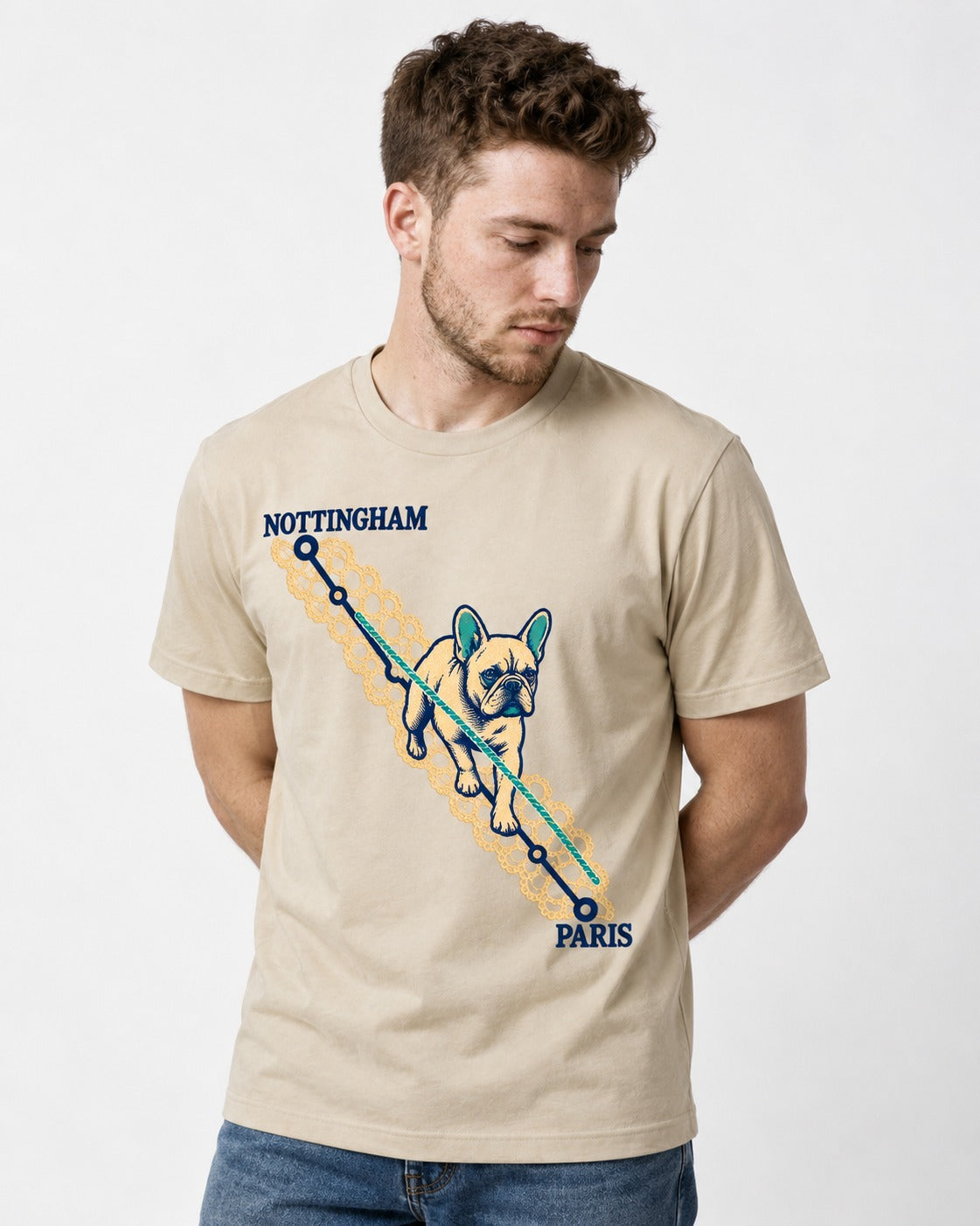 Nottingham to Paris Frenchie T-Shirt in Sand, worn by a model