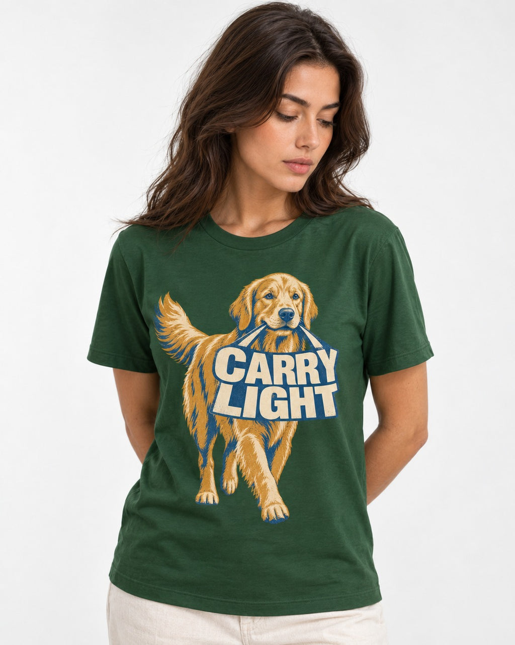 Golden Retriever Carry Light Sign Graphic T-Shirt in Forest Green, worn by a model