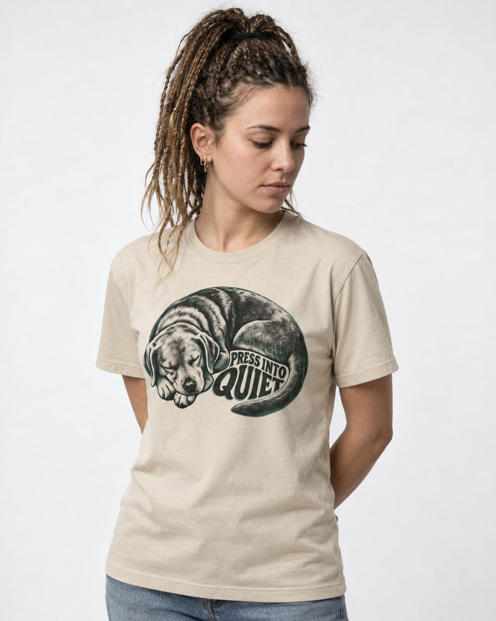 Labrador Retriever Press Into Quiet T-Shirt in Sand, worn by a model