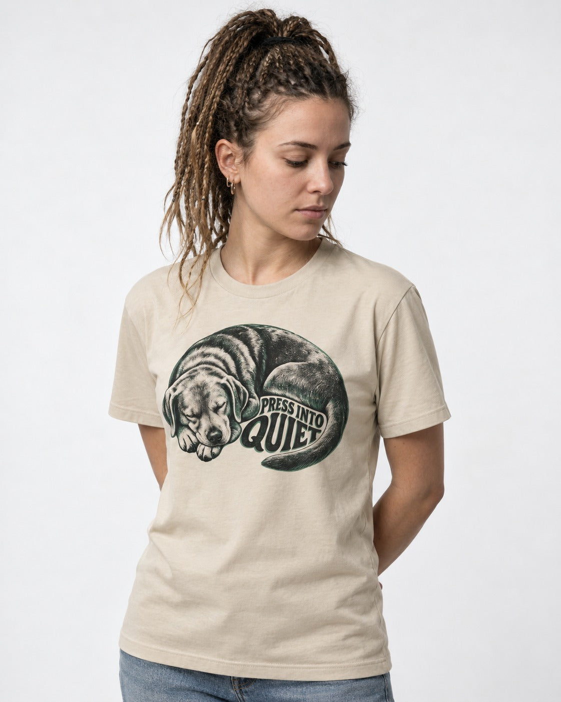 Labrador Retriever Press Into Quiet T-Shirt in Sand, worn by a model