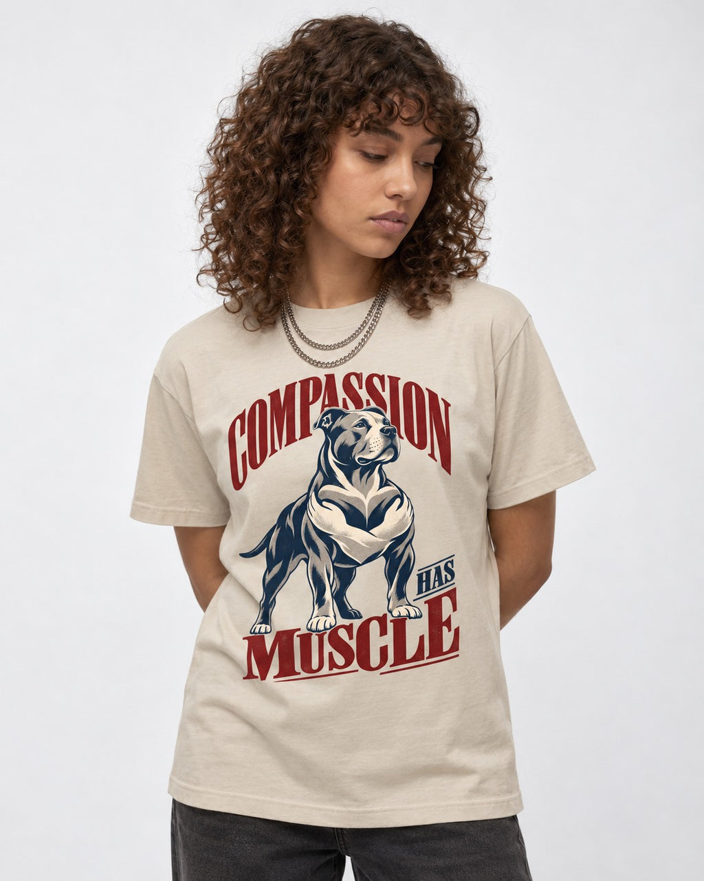 Pitbull Compassion Has Muscle T-Shirt in Sand, worn by a model