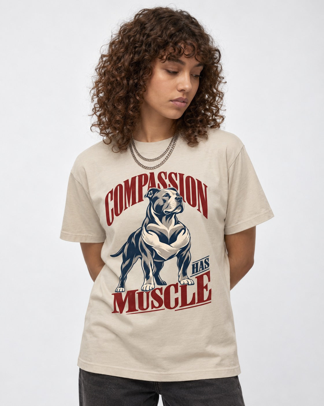 Pitbull Compassion Has Muscle T-Shirt in Sand, worn by a model
