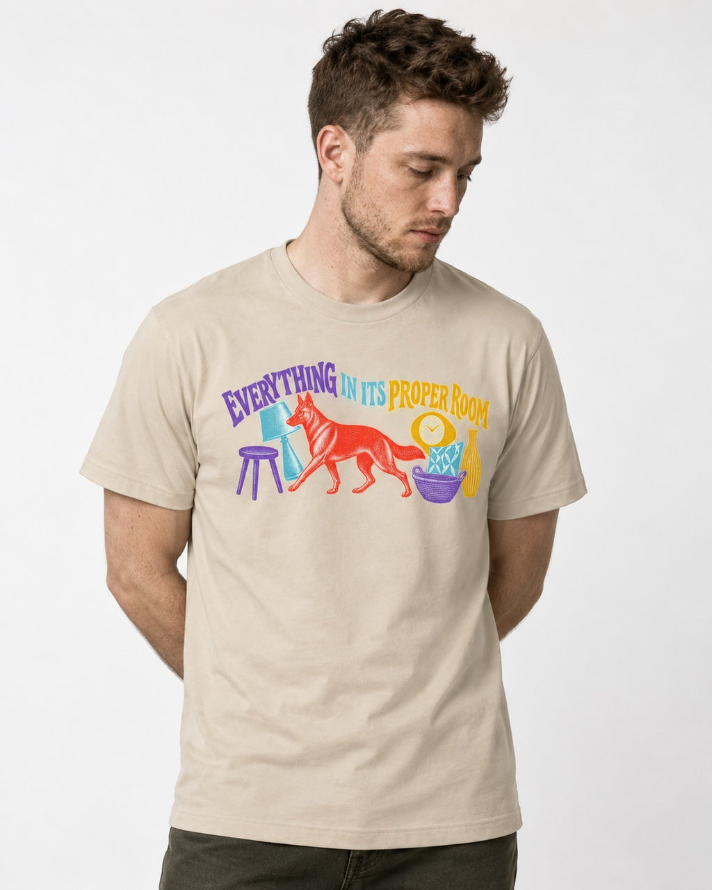 German Shepherd Dog In Its Proper Room T-Shirt in Sand, worn by a model