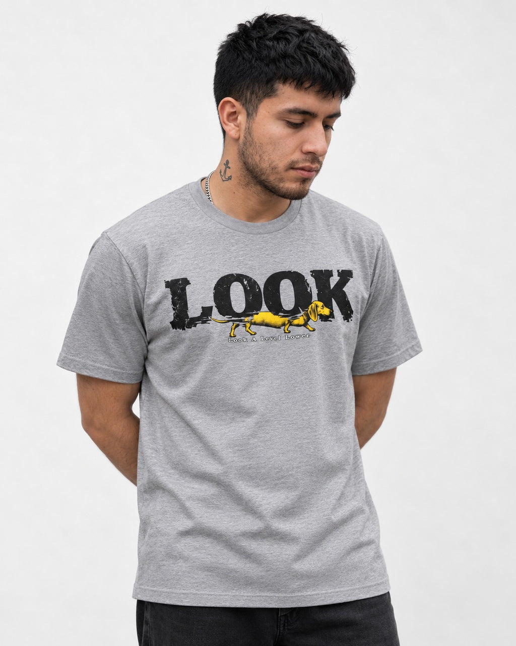 Look Lower for Dachshund T-Shirt in Sport Grey, worn by a model