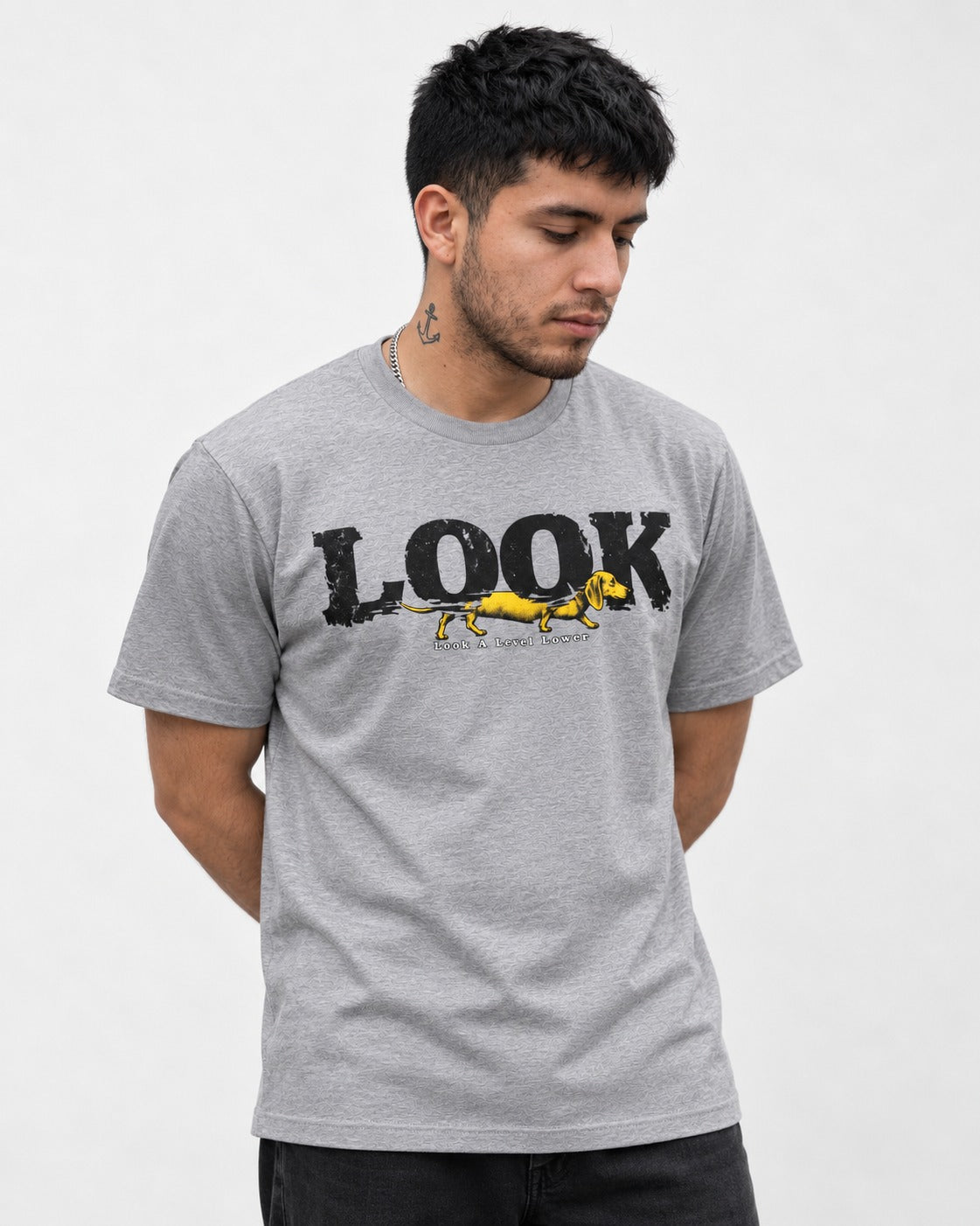 Look Lower for Dachshund T-Shirt in Sport Grey, worn by a model