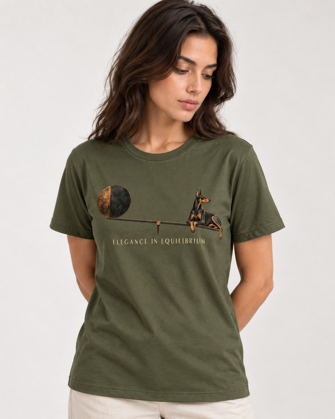 Doberman Elegance in Equilibrium Balance Graphic T-Shirt in Heather Military Green, worn by a model