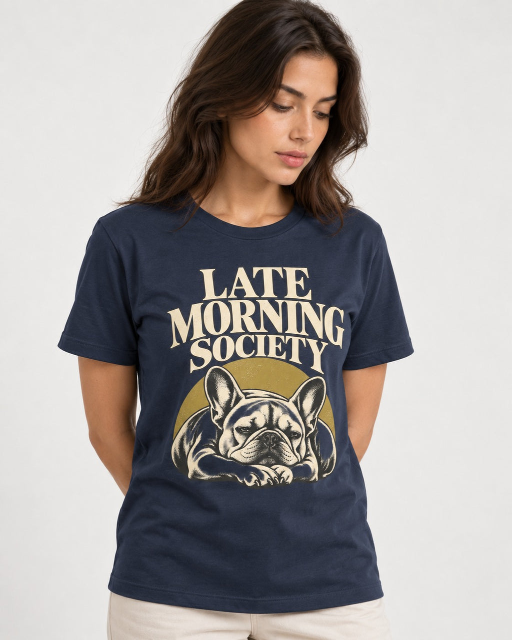 Frenchie Late Morning Society Graphic T-Shirt in Navy, worn by a model