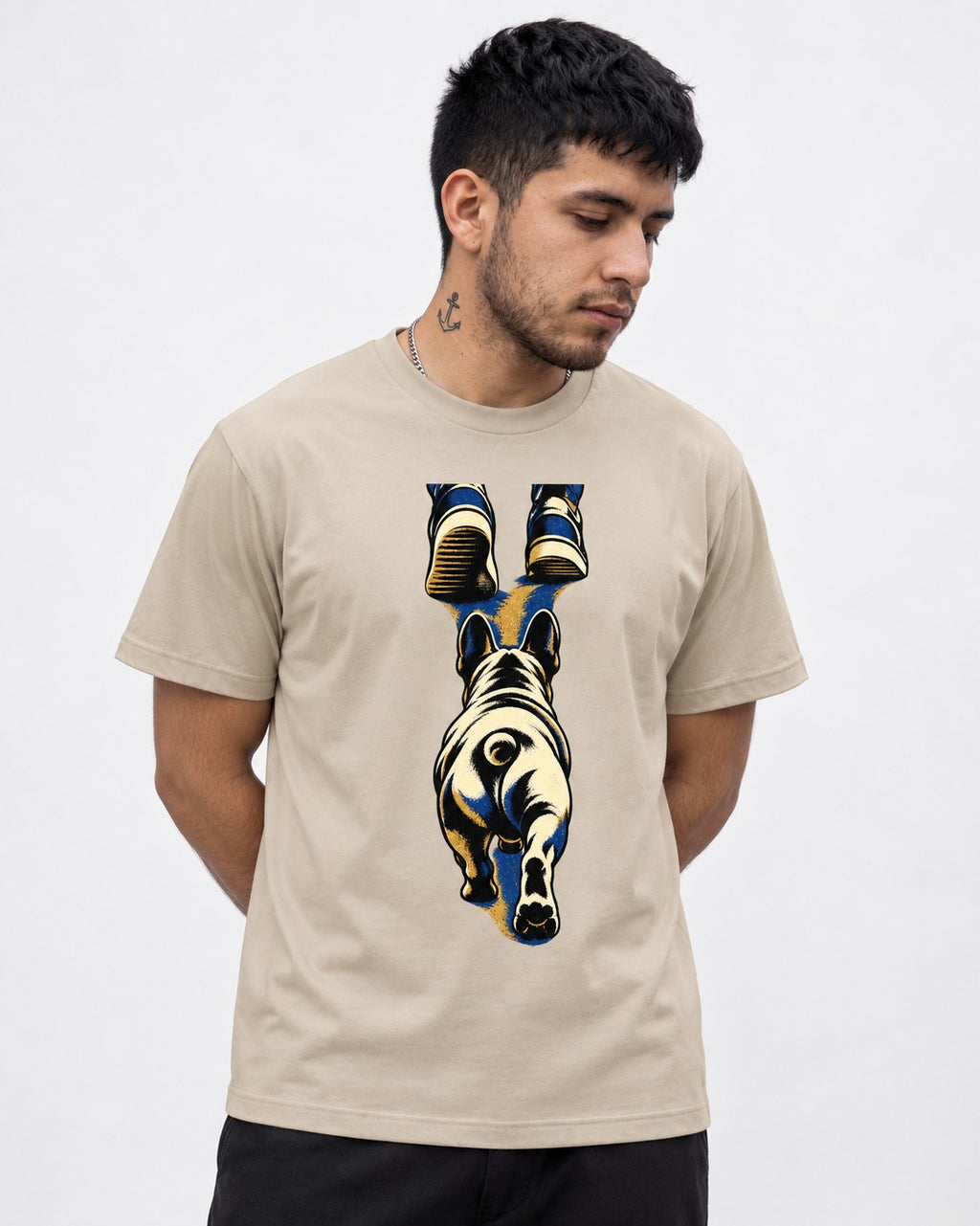 Frenchie Wherever I Go T-Shirt in Sand, worn by a model