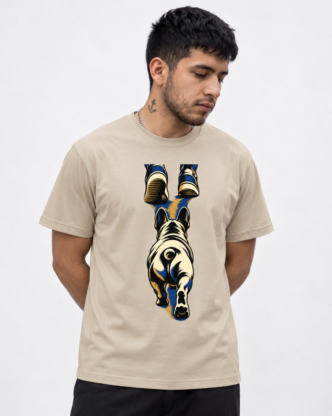 Frenchie Wherever I Go T-Shirt in Sand, worn by a model