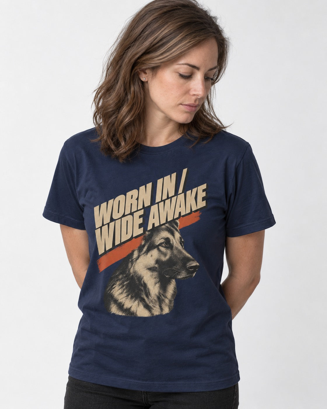 Worn In Wide Awake Portrait German Shepherd Dog Graphic T-Shirt in Navy, worn by a model