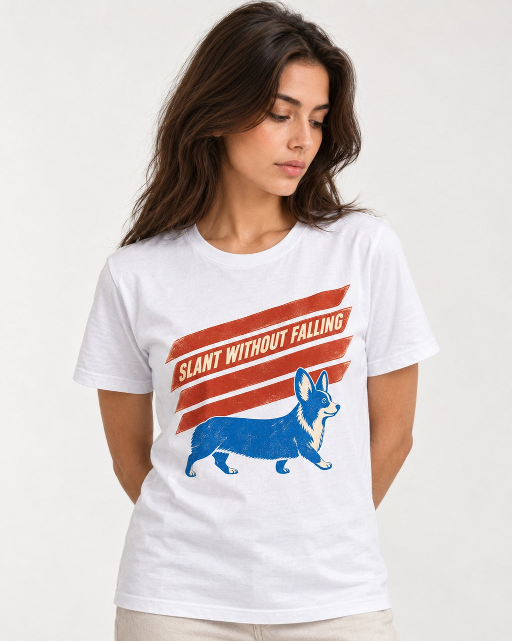 Corgi Slant Without Falling Speed Graphic T-Shirt in White, worn by a model