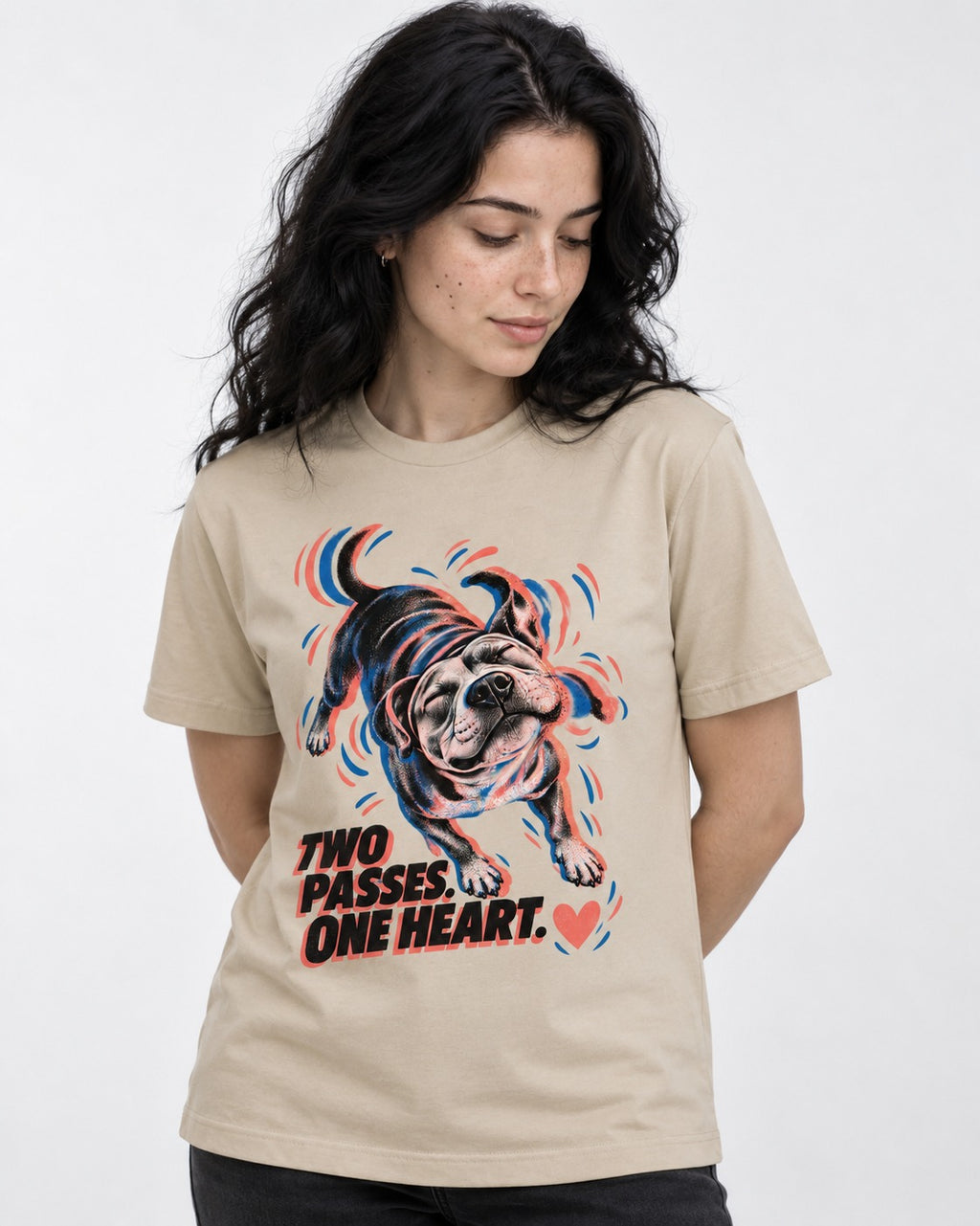 Two Passes One Heart Pitbull T-Shirt in Sand, worn by a model