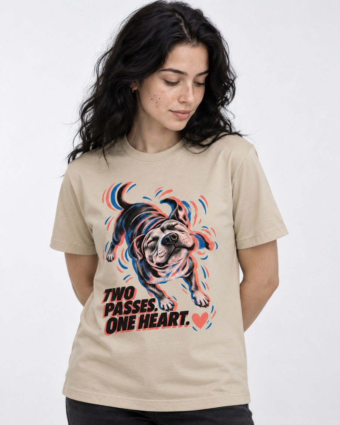 Two Passes One Heart Pitbull T-Shirt in Sand, worn by a model
