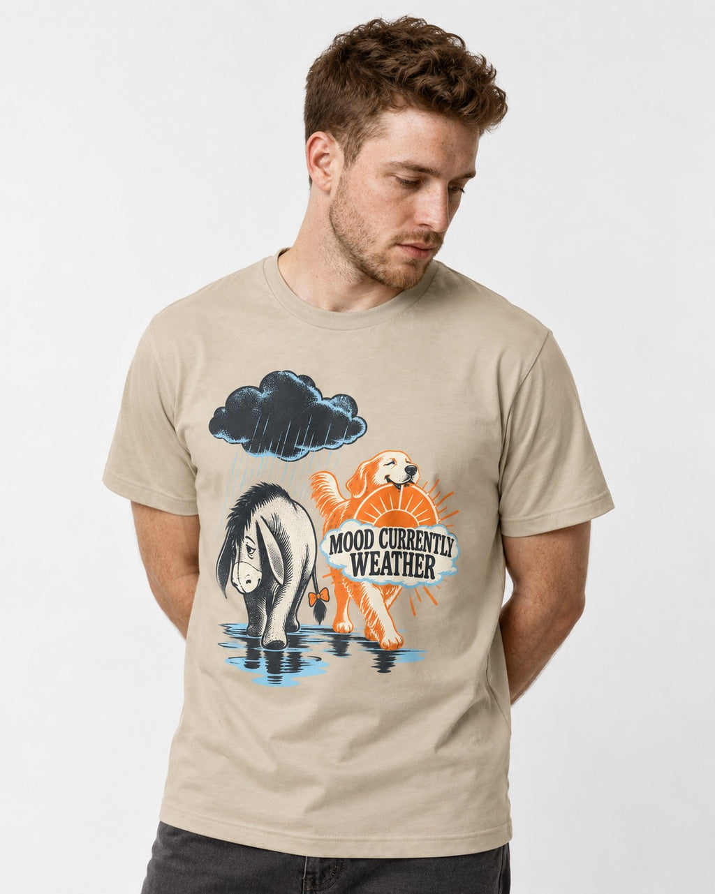 Mood Currently Golden Retriever Weather T-Shirt in Sand, worn by a model