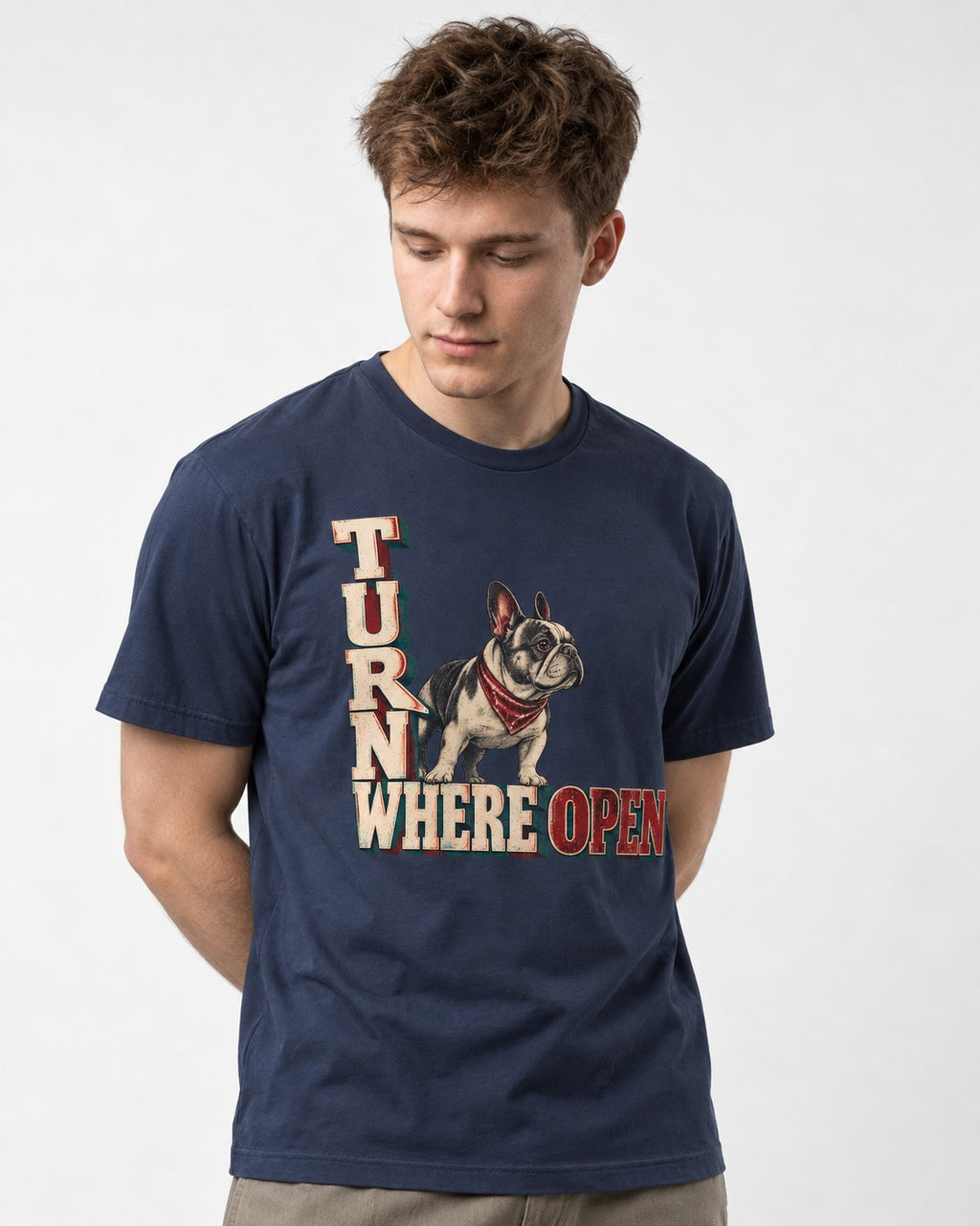 Turn Where Open Frenchie T-Shirt in Navy, worn by a model