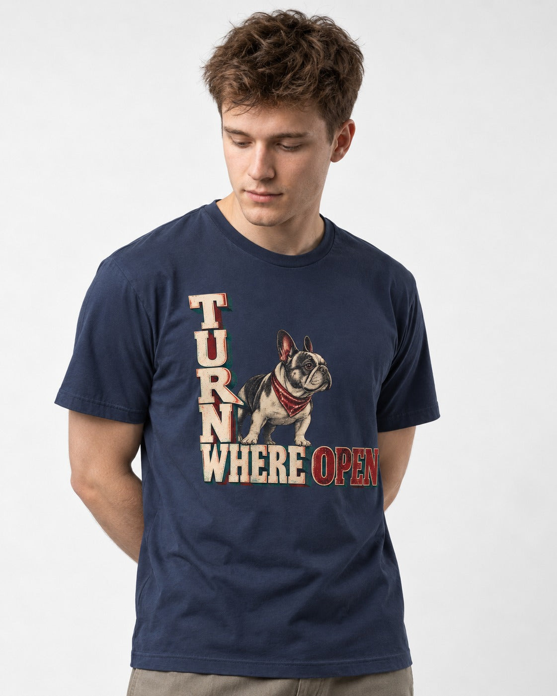 Turn Where Open Frenchie T-Shirt in Navy, worn by a model