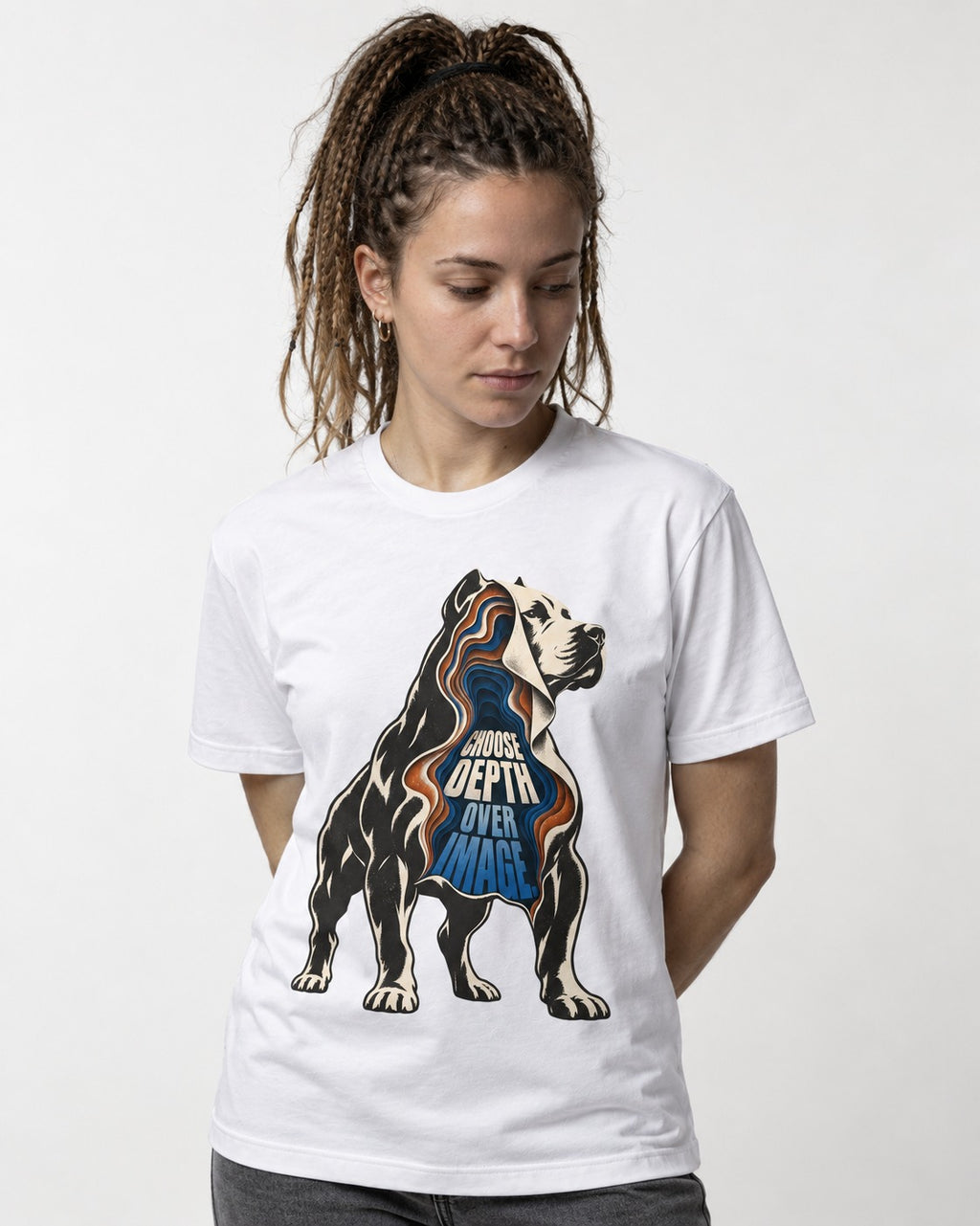 Pitbull Choose Depth Over Image Layered Cutaway Graphic T-Shirt in White, worn by a model