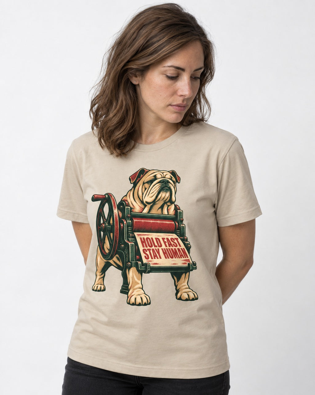 Hold Fast Stay Human English Bulldog T-Shirt in Sand, worn by a model