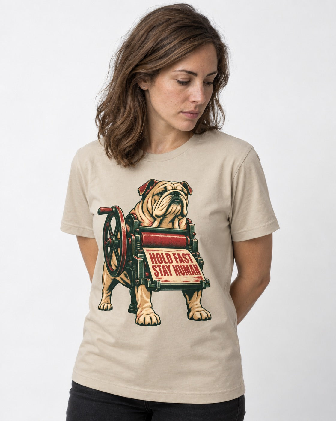 Hold Fast Stay Human English Bulldog T-Shirt in Sand, worn by a model