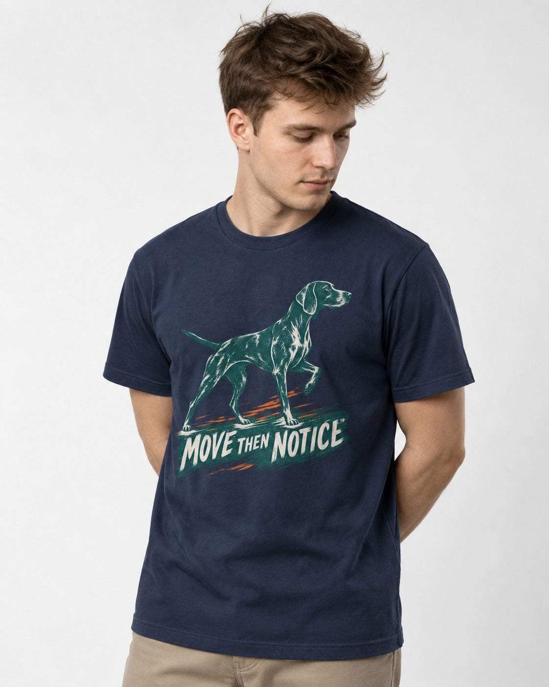 German Shorthaired Pointer Move Then Notice Brushstroke Graphic T-Shirt in Navy, worn by a model