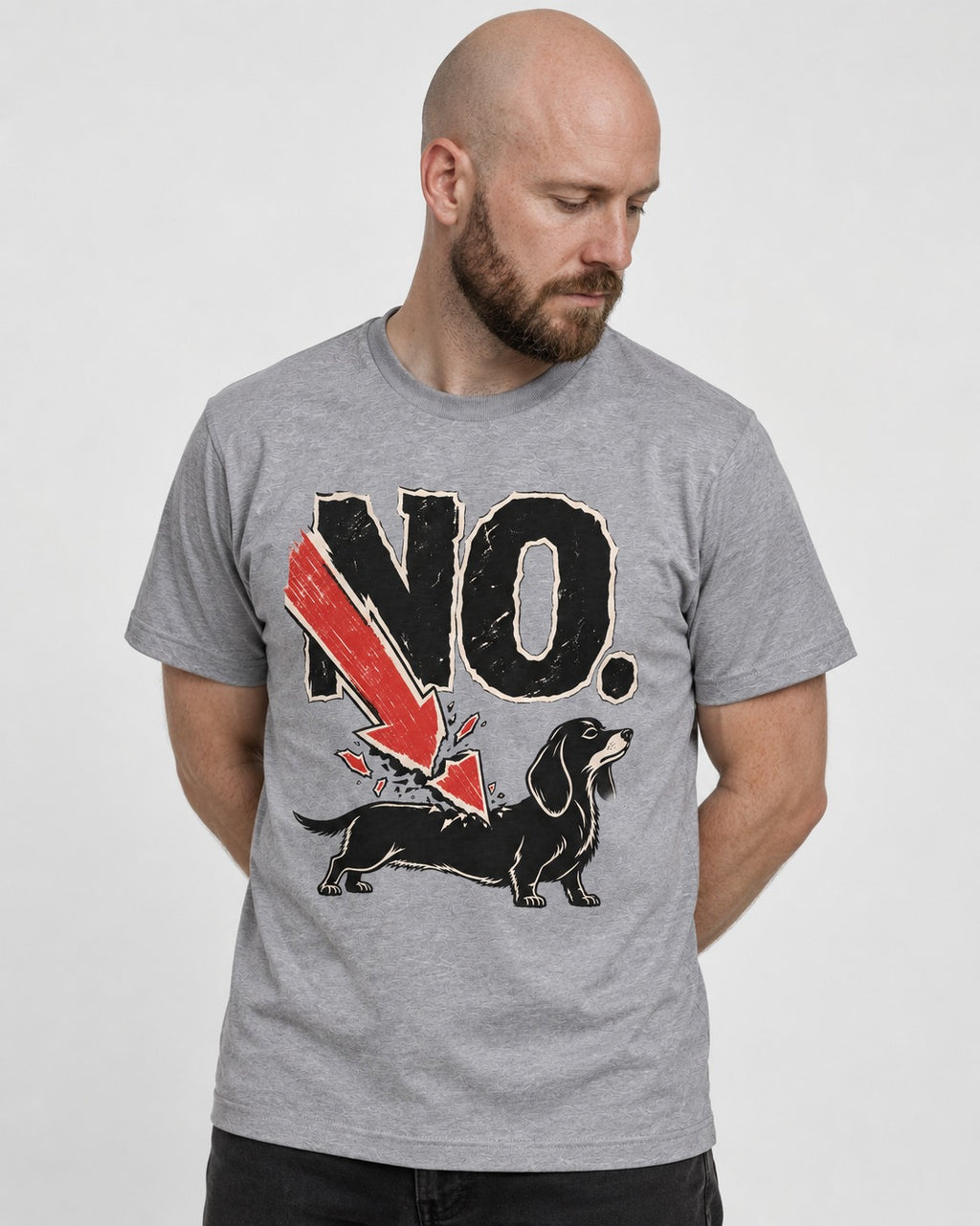 Dachshund Says No T-Shirt in Sport Grey, worn by a model