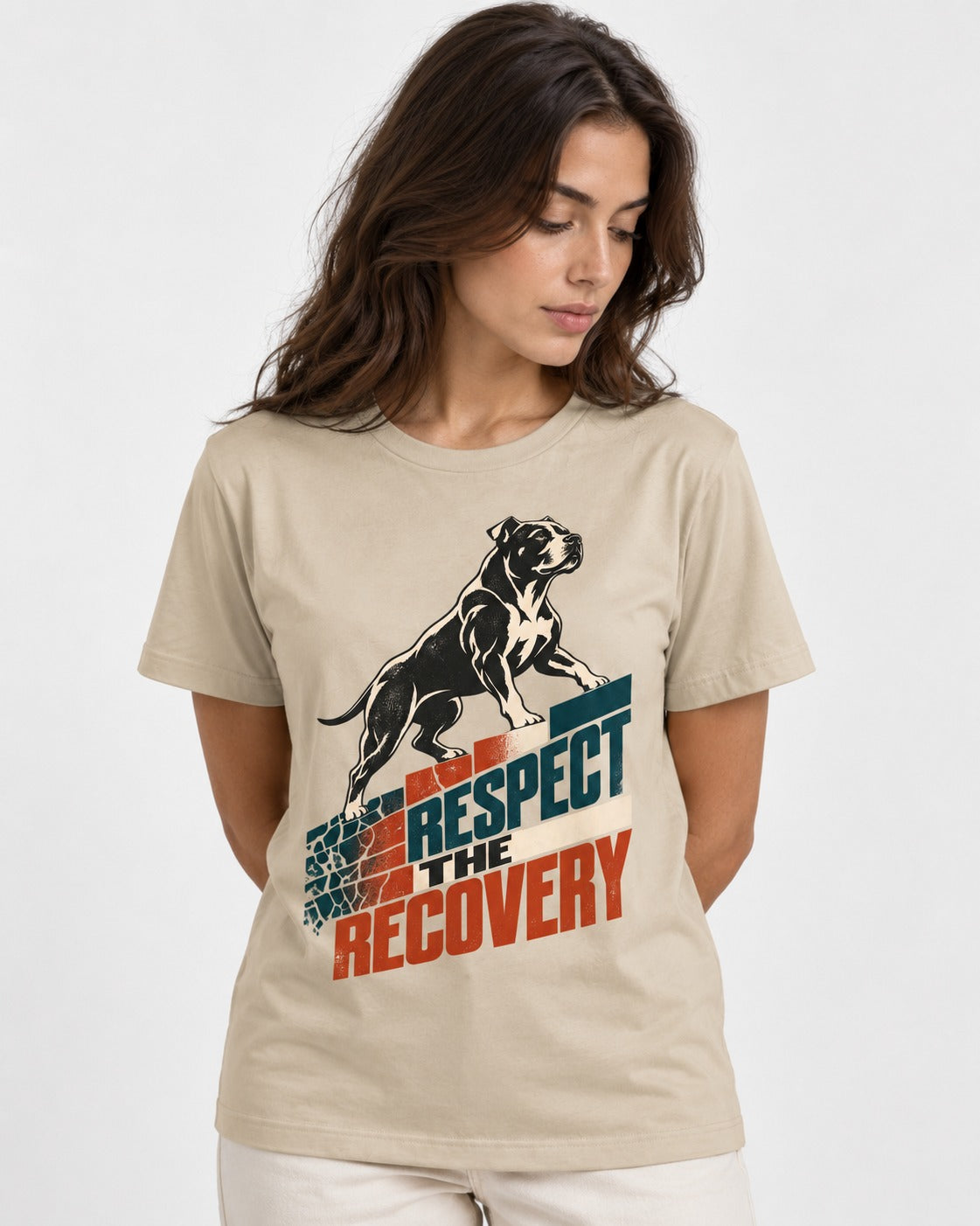 Pitbull Respect the Recovery T-Shirt in Sand, worn by a model