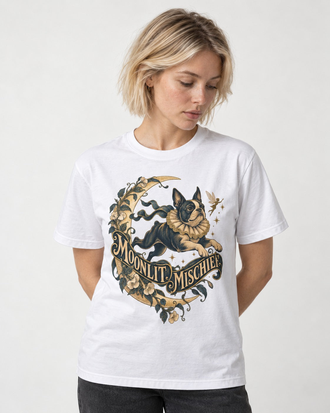 Boston Terrier Moonlit Mischief T-Shirt in White, worn by a model