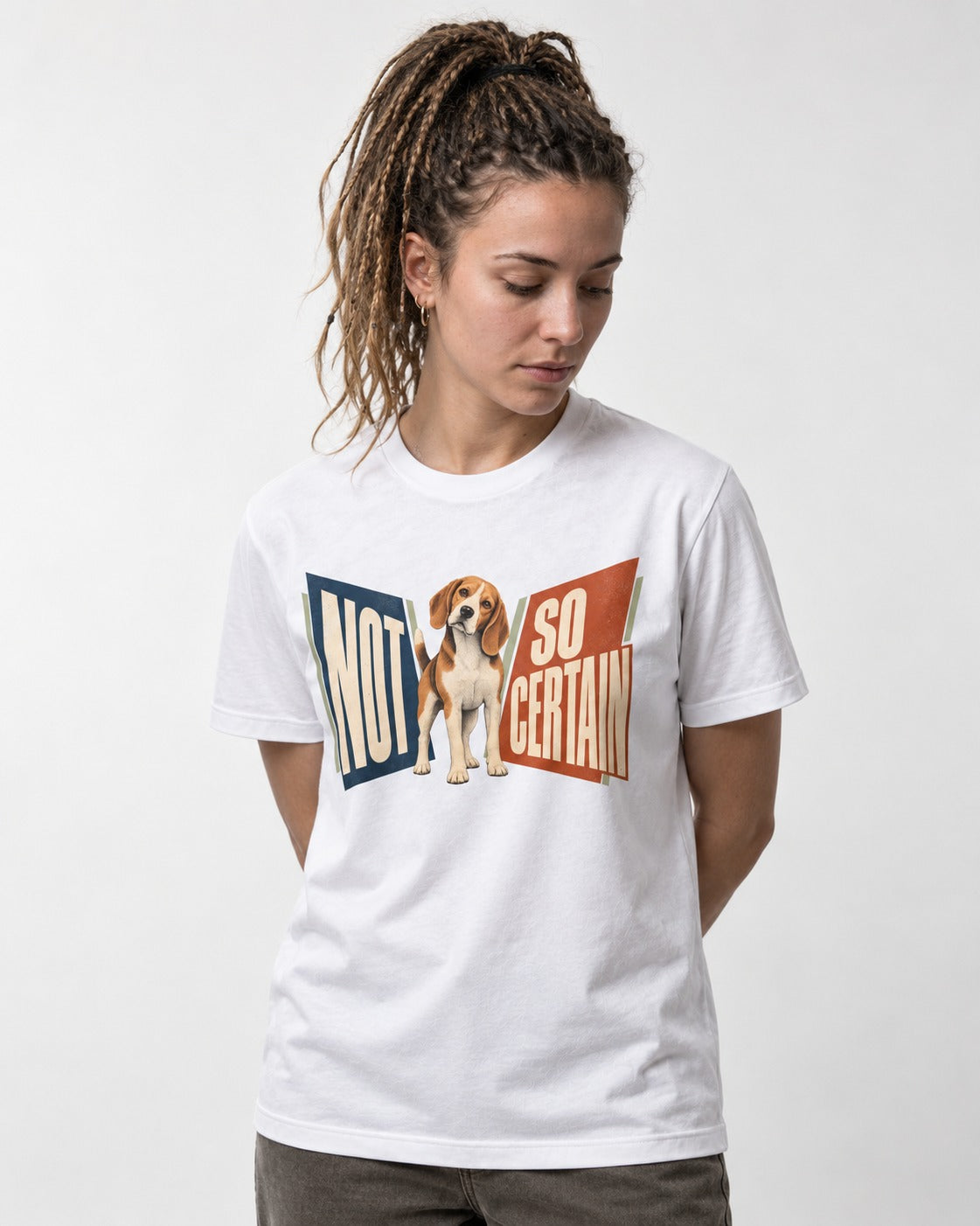 Beagle Not So Certain Retro Panel Graphic T-Shirt in White, worn by a model