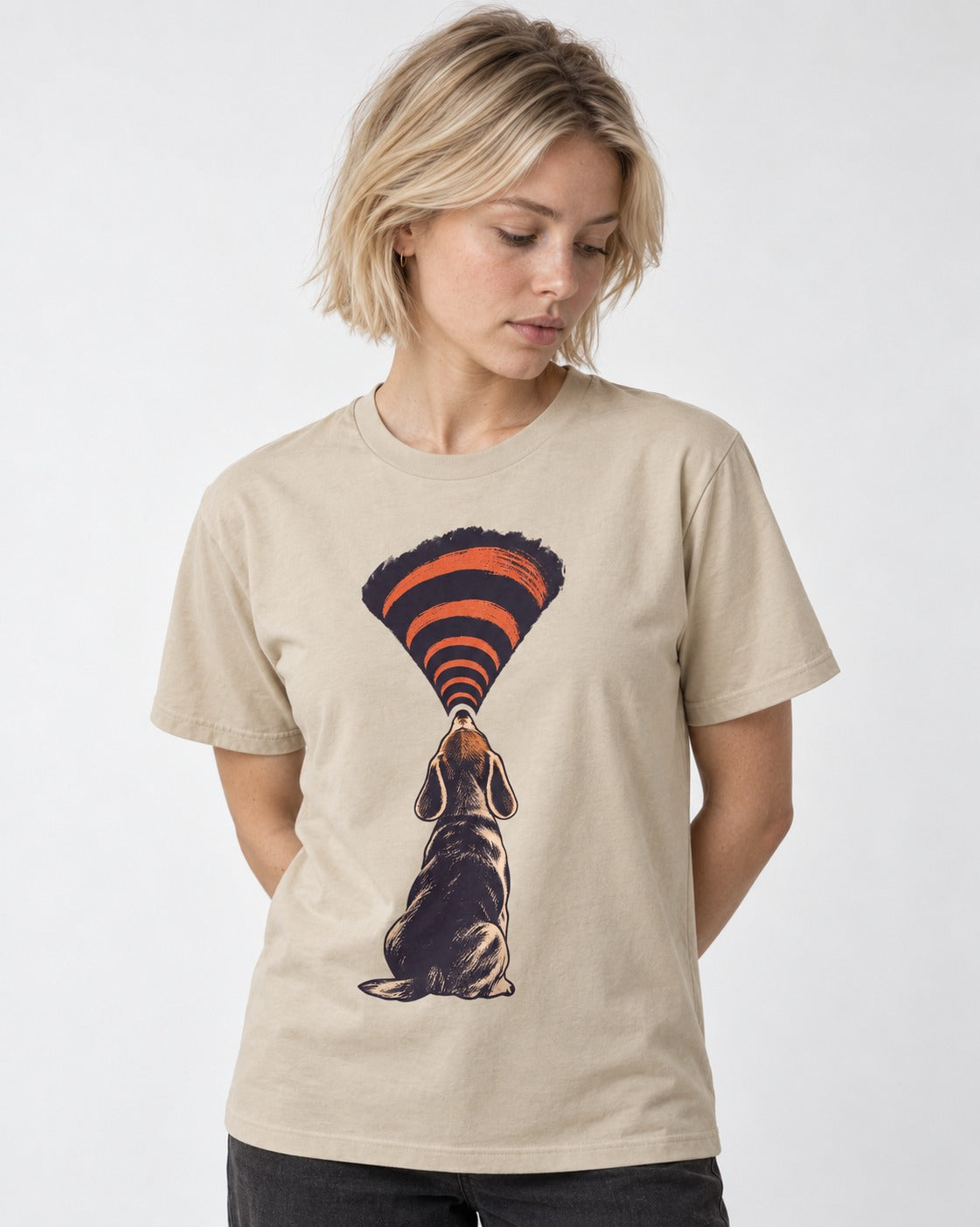 Beagle Broadcast T-Shirt in Sand, worn by a model