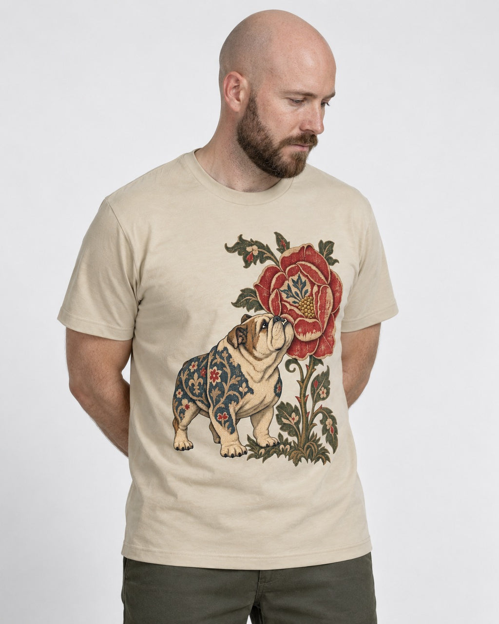 English Bulldog Tender Devotion T-Shirt in Sand, worn by a model