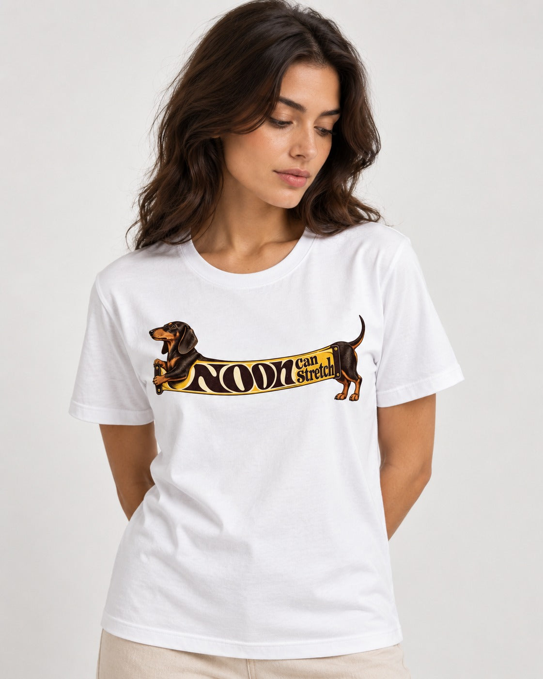 Dachshund Noon Can Stretch Sign Graphic T-Shirt in White, worn by a model